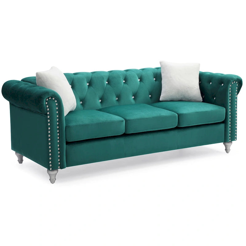 Canapé capitonné en microsuède velours avec clous décoratifs et capitonnage bijou