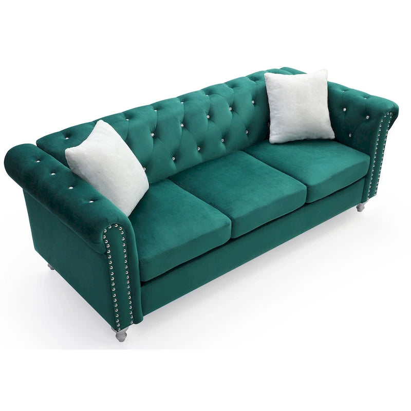 Canapé capitonné en microsuède velours avec clous décoratifs et capitonnage bijou