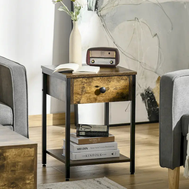 Table d'appoint industrielle avec étagère de rangement ouverte et tiroir