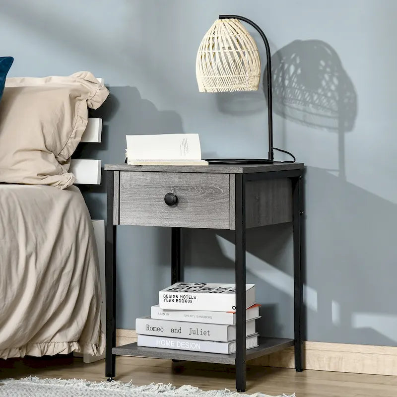Table d'appoint industrielle avec étagère de rangement ouverte et tiroir