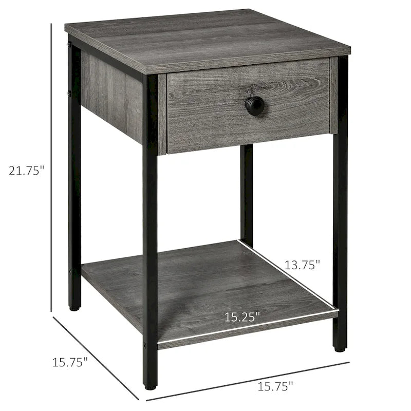 Table d'appoint industrielle avec étagère de rangement ouverte et tiroir
