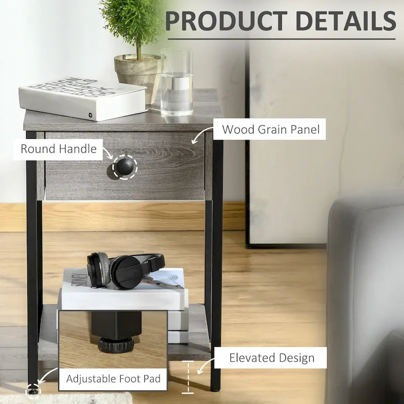 Table d'appoint industrielle avec étagère de rangement ouverte et tiroir