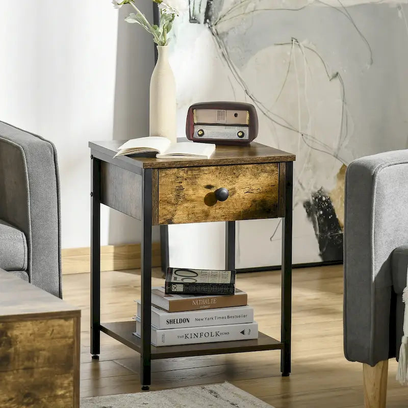 Table d'appoint industrielle avec étagère de rangement ouverte et tiroir