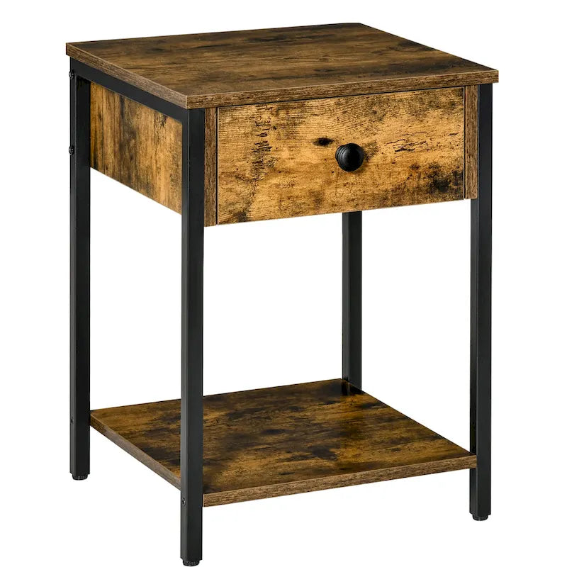 Table d'appoint industrielle avec étagère de rangement ouverte et tiroir