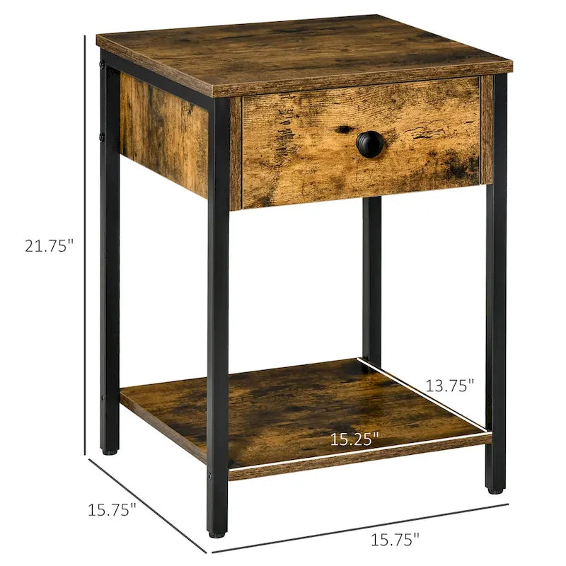 Table d'appoint industrielle avec étagère de rangement ouverte et tiroir