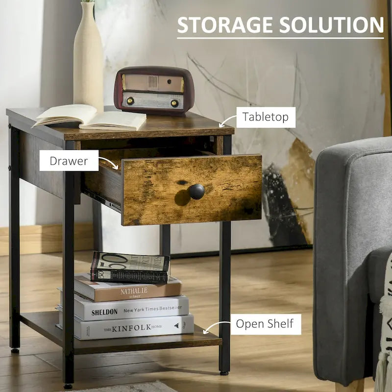 Table d'appoint industrielle avec étagère de rangement ouverte et tiroir