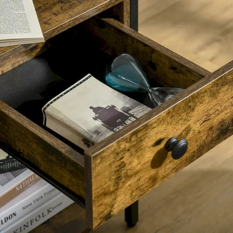 Table d'appoint industrielle avec étagère de rangement ouverte et tiroir