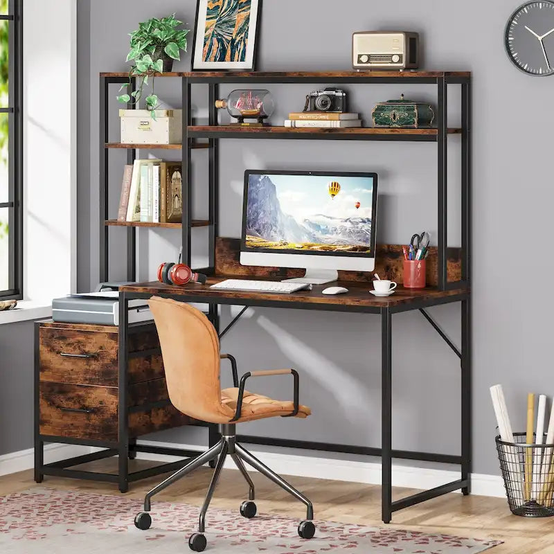 Bureau rustique pour ordinateur avec tiroirs et étagère supérieure