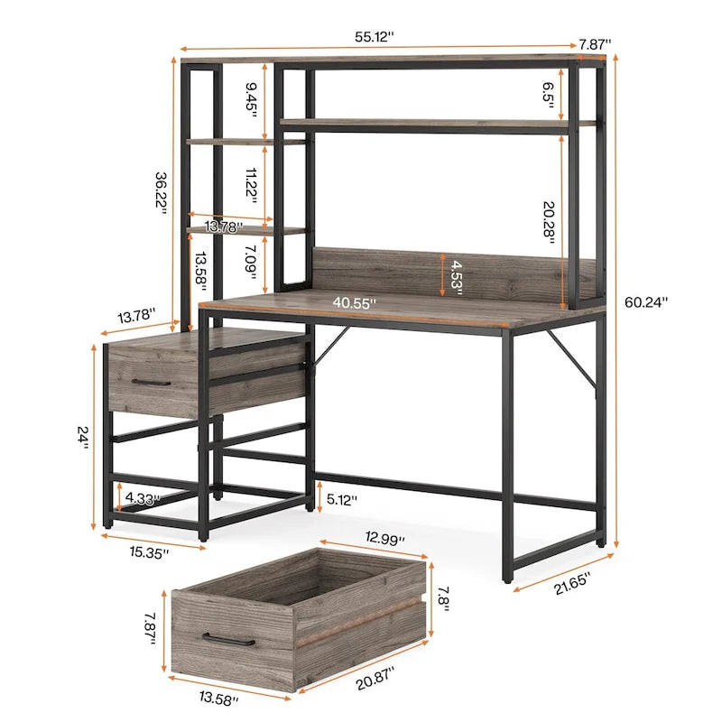 Bureau rustique pour ordinateur avec tiroirs et étagère supérieure