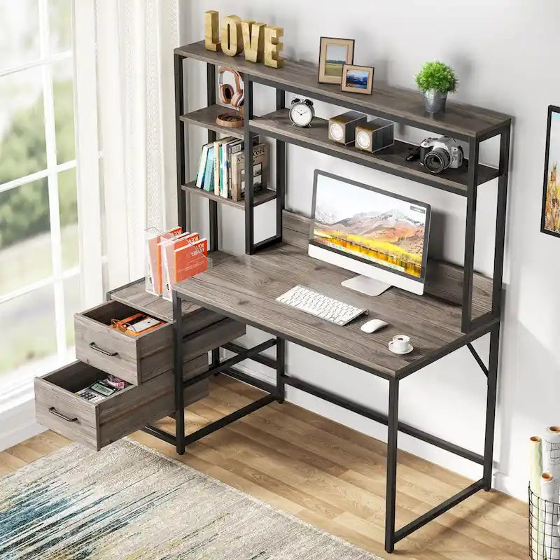 Bureau rustique pour ordinateur avec tiroirs et étagère supérieure