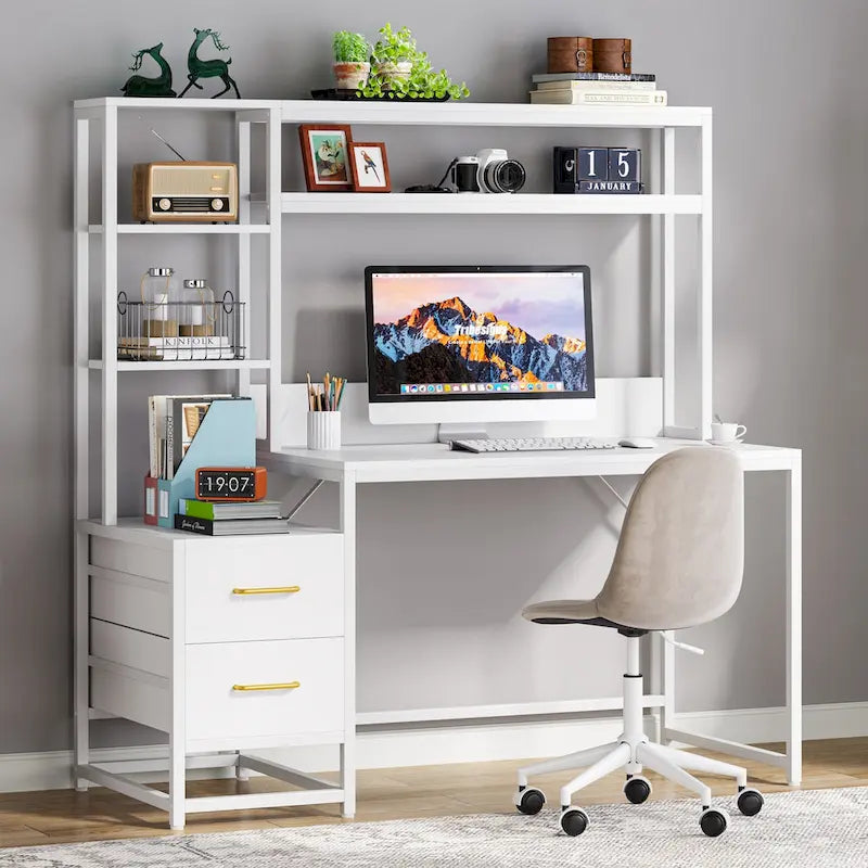 Bureau rustique pour ordinateur avec tiroirs et étagère supérieure