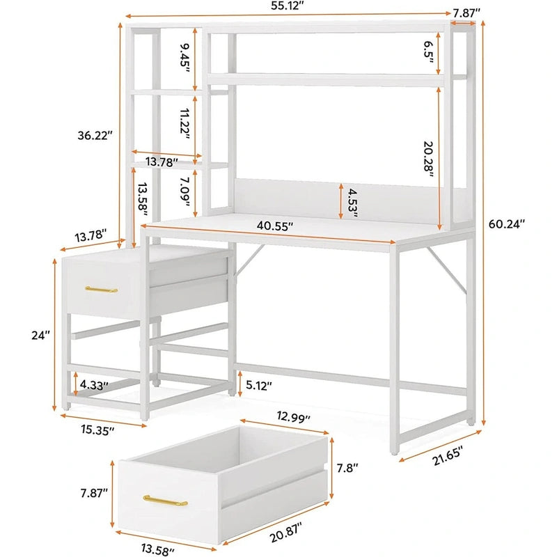 Bureau rustique pour ordinateur avec tiroirs et étagère supérieure