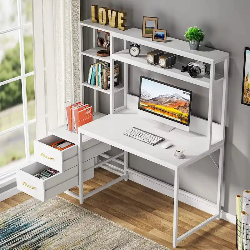 Bureau rustique pour ordinateur avec tiroirs et étagère supérieure