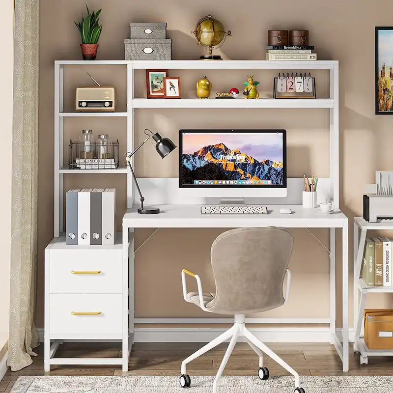 Bureau rustique pour ordinateur avec tiroirs et étagère supérieure