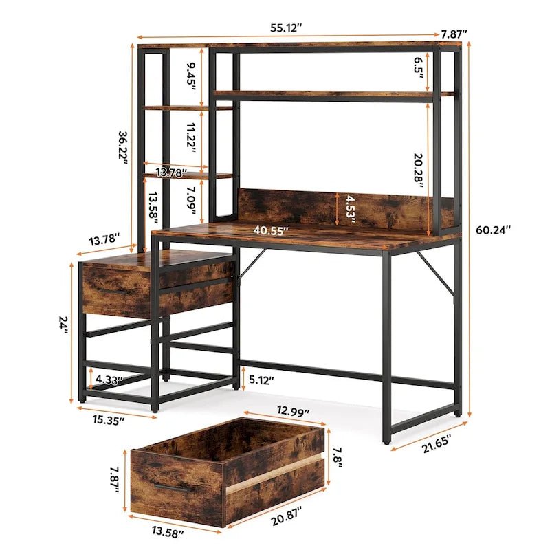 Bureau rustique pour ordinateur avec tiroirs et étagère supérieure