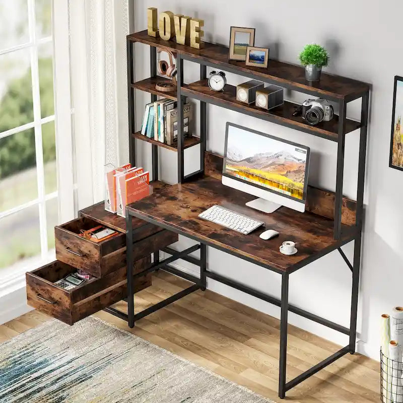 Bureau rustique pour ordinateur avec tiroirs et étagère supérieure