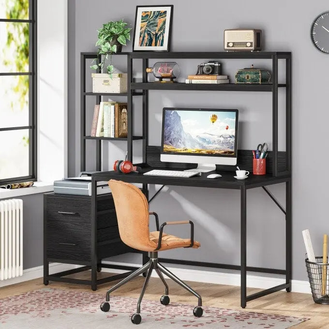 Bureau rustique pour ordinateur avec tiroirs et étagère supérieure