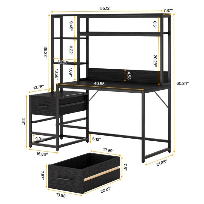 Bureau rustique pour ordinateur avec tiroirs et étagère supérieure
