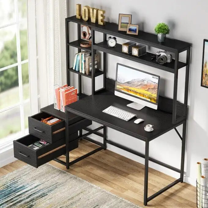 Bureau rustique pour ordinateur avec tiroirs et étagère supérieure