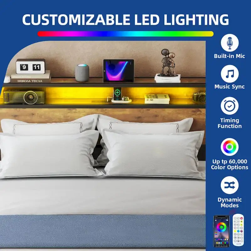 Lit coffre relevable LED avec système de rangement hydraulique et chargeur USB