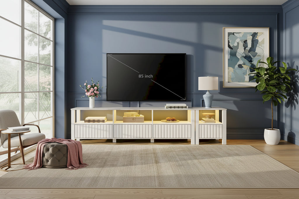 White TV Stand for 65-100 Inch TV with LED Light, Modern TV Console