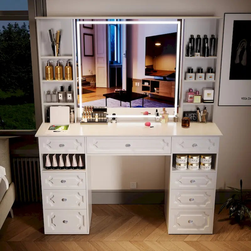 Grande coiffeuse lumineuse avec 9 tiroirs et miroir, style européen