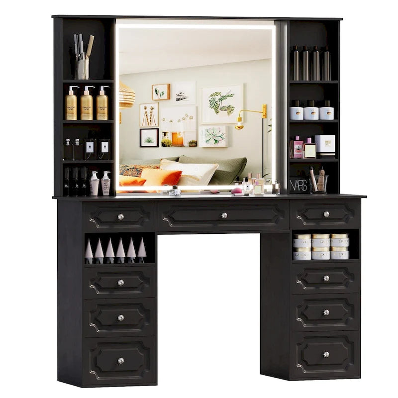 Grande coiffeuse lumineuse avec 9 tiroirs et miroir, style européen