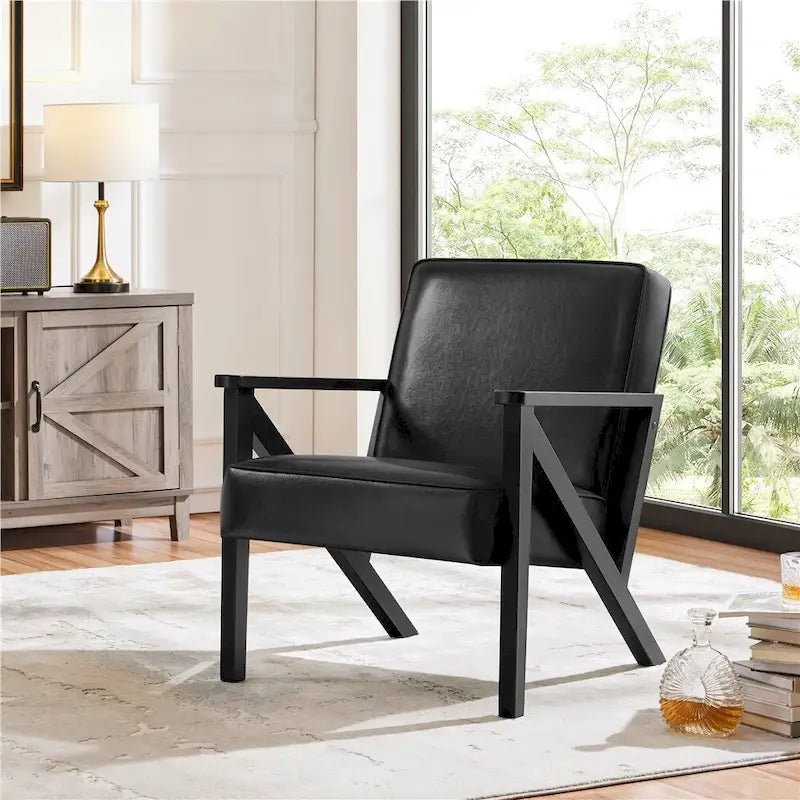 Fauteuil d'appoint en similicuir Mid-Century Modern avec pieds en bois massif