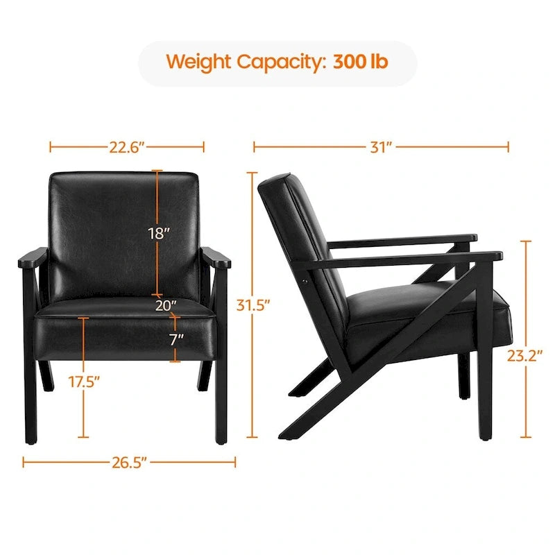 Fauteuil d'appoint en similicuir Mid-Century Modern avec pieds en bois massif