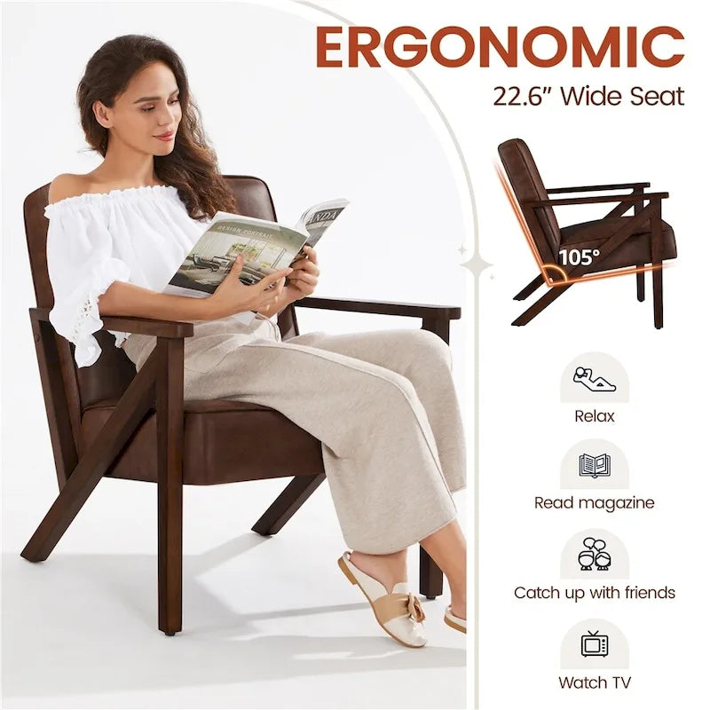 Fauteuil d'appoint en similicuir Mid-Century Modern avec pieds en bois massif