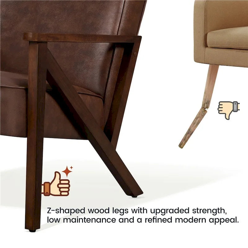 Fauteuil d'appoint en similicuir Mid-Century Modern avec pieds en bois massif