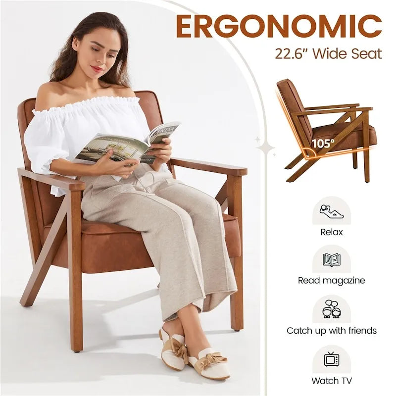 Fauteuil d'appoint en similicuir Mid-Century Modern avec pieds en bois massif