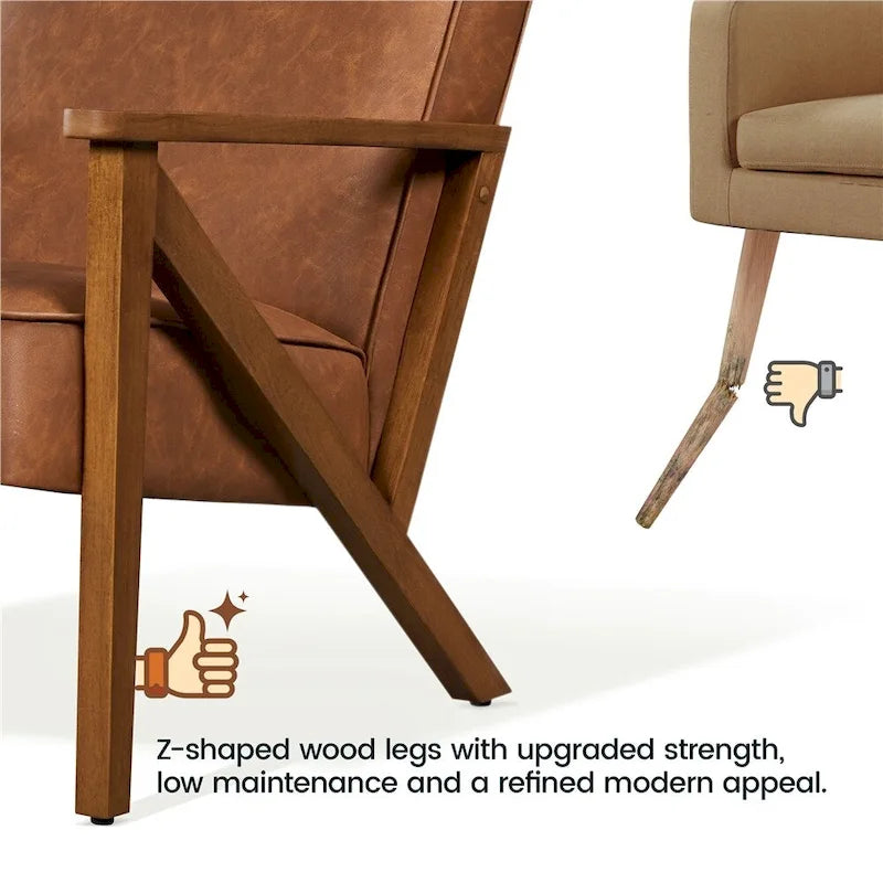 Fauteuil d'appoint en similicuir Mid-Century Modern avec pieds en bois massif