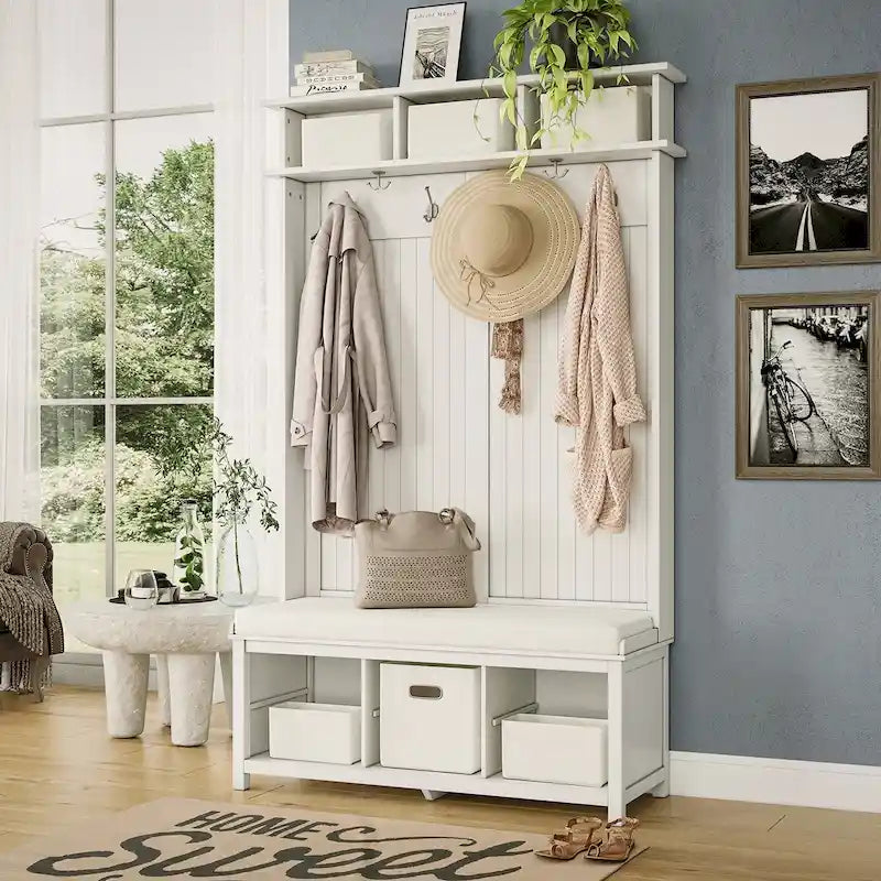 Portemanteau en bois massif avec banc, rangement à chaussures et 6 patères