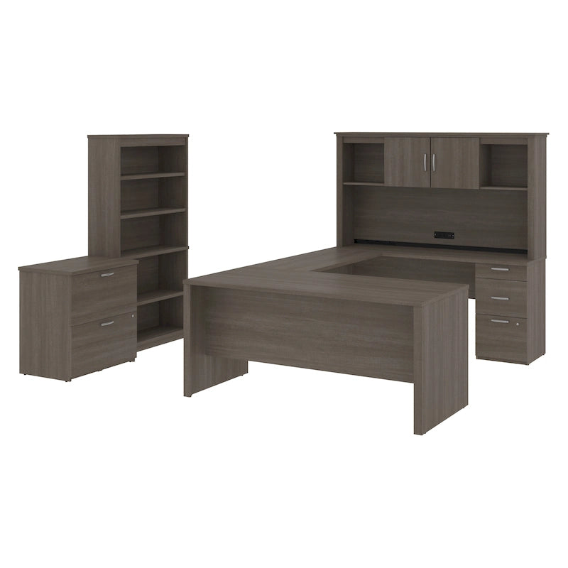 Bureau d'angle en U de 66 po avec huche, classeur latéral et bibliothèque