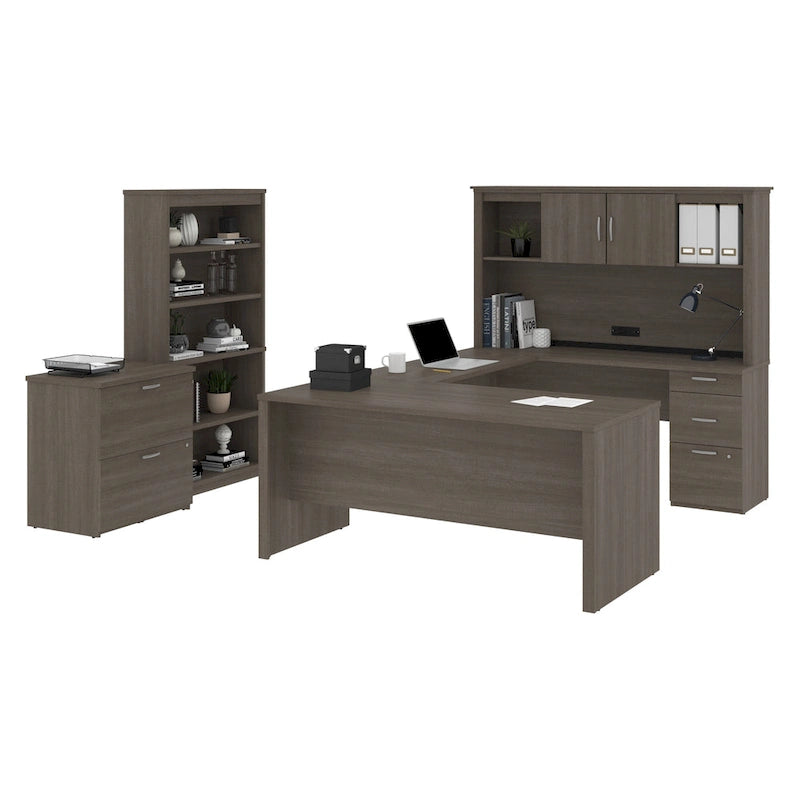 Bureau d'angle en U de 66 po avec huche, classeur latéral et bibliothèque