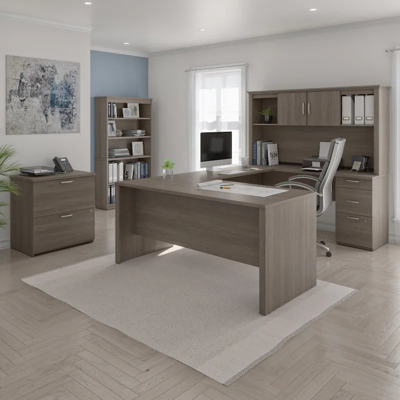 Bureau d'angle en U de 66 po avec huche, classeur latéral et bibliothèque