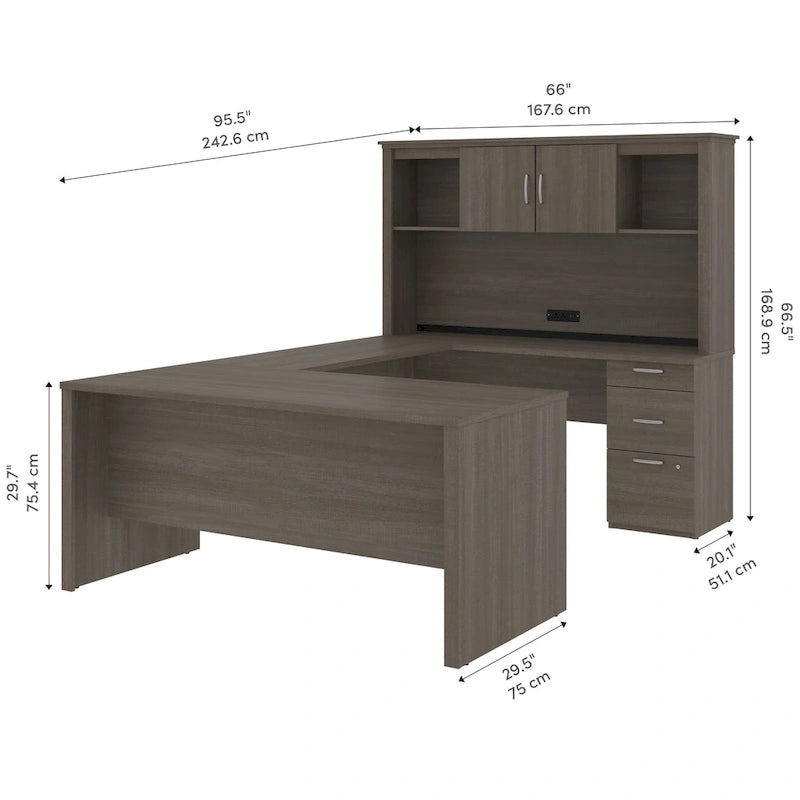 Bureau d'angle en U de 66 po avec huche, classeur latéral et bibliothèque