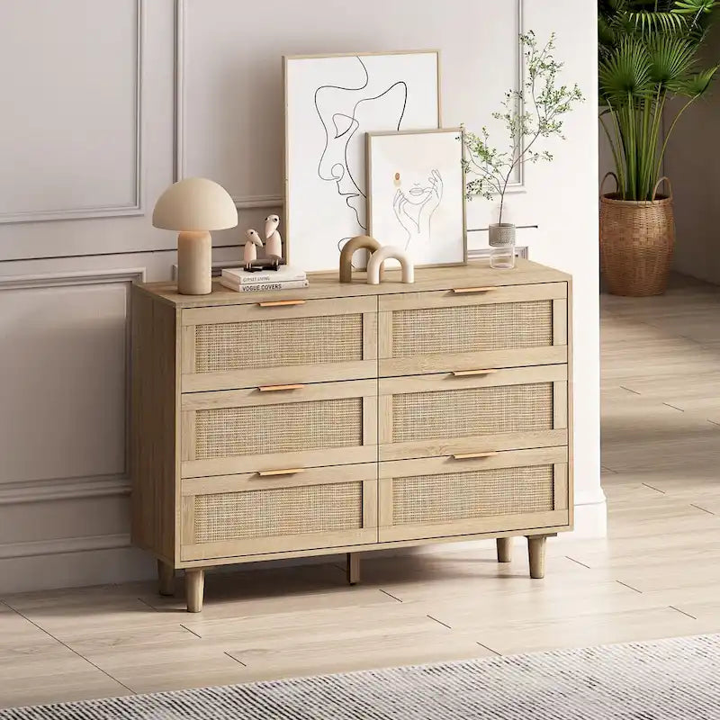 Meuble de rangement 6 tiroirs en rotin - 43.31L x 15.75l x 29.53H