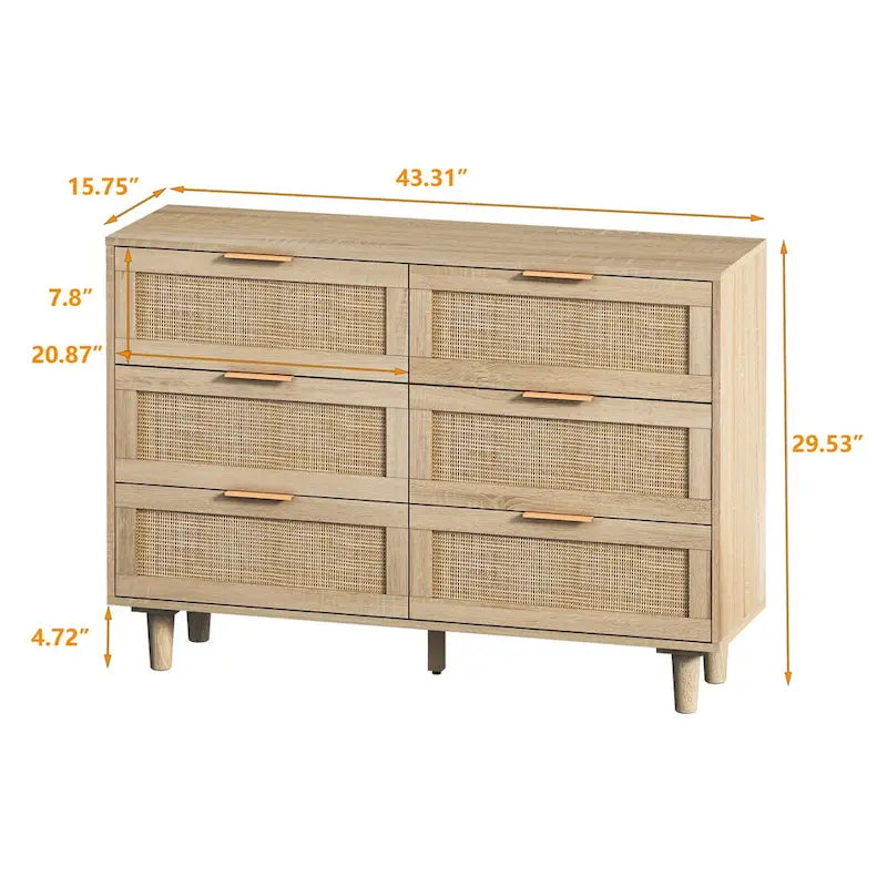 Meuble de rangement 6 tiroirs en rotin - 43.31L x 15.75l x 29.53H