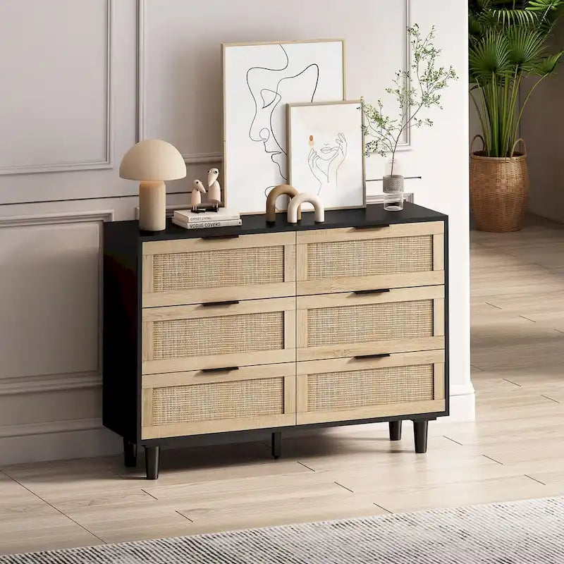 Meuble de rangement 6 tiroirs en rotin - 43.31L x 15.75l x 29.53H