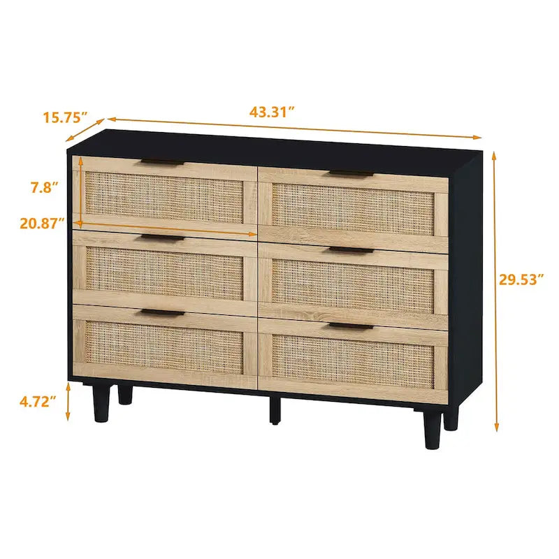Meuble de rangement 6 tiroirs en rotin - 43.31L x 15.75l x 29.53H