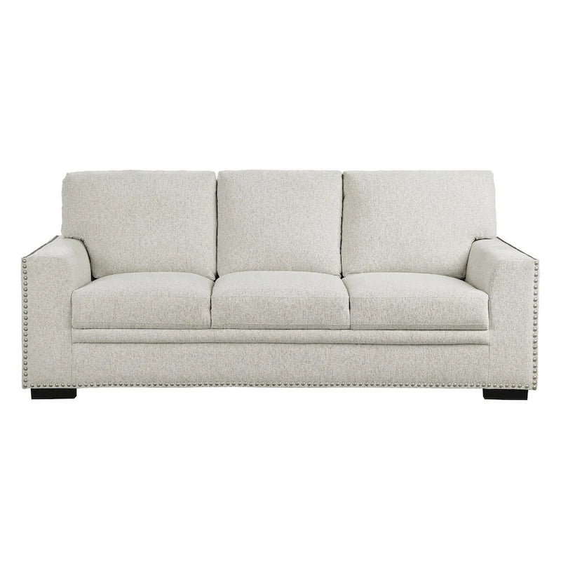 Canapé de 84 pouces avec chenille beige, clous décoratifs et coussins en mousse, structure en bois massif
