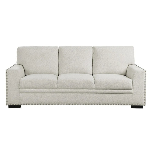 Canapé de 84 pouces avec chenille beige, clous décoratifs et coussins en mousse, structure en bois massif