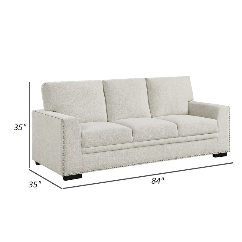 Canapé de 84 pouces avec chenille beige, clous décoratifs et coussins en mousse, structure en bois massif