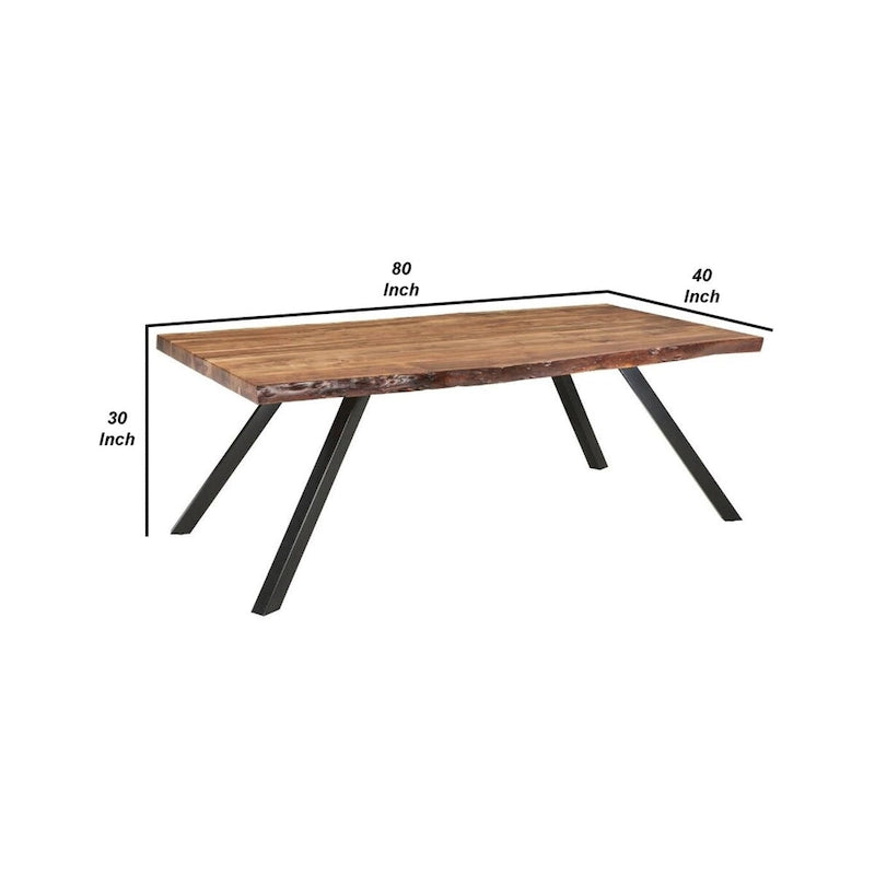 Table à manger en bois d'acacia de 80 pouces avec bords naturels et pieds métalliques inclinés