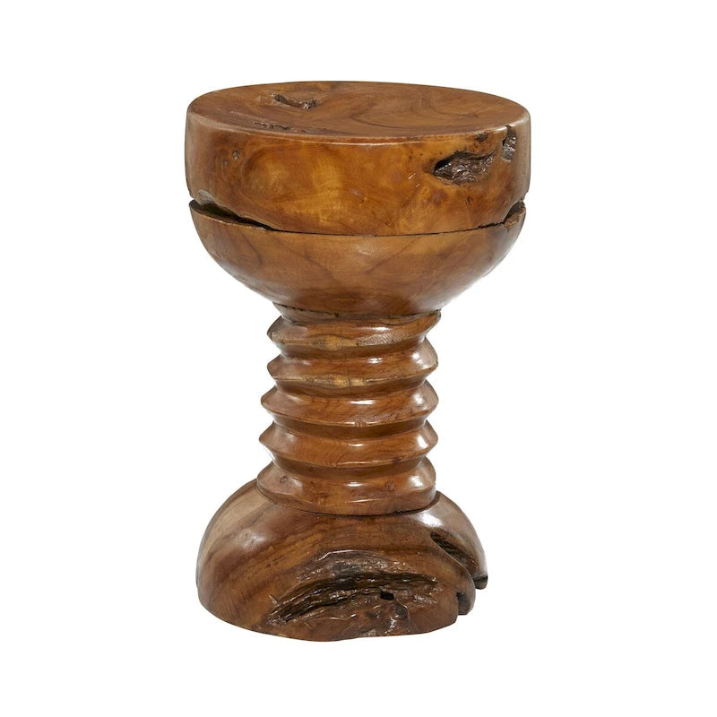 Table d'appoint ronde en bois de teck massif faite à la main, marron