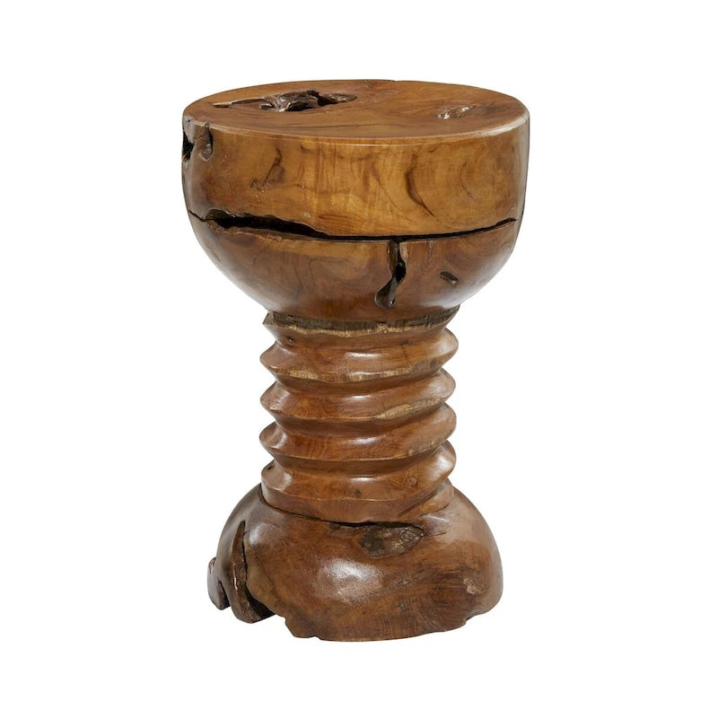 Table d'appoint ronde en bois de teck massif faite à la main, marron