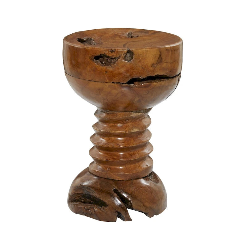 Table d'appoint ronde en bois de teck massif faite à la main, marron