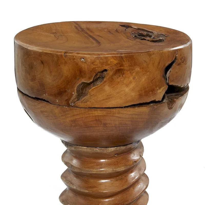 Table d'appoint ronde en bois de teck massif faite à la main, marron